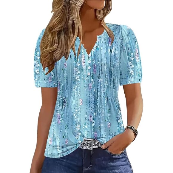 Tops - Women's Summer Blouse V Neck Button Short Sleeve Pleated Lace Top Casual